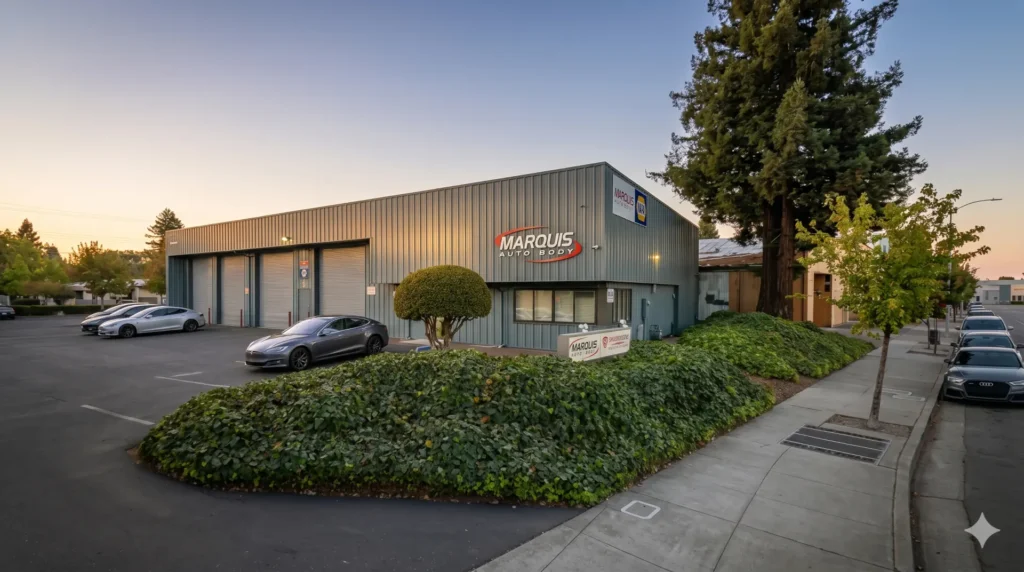Marquis Auto Body shop building and customer parking lot on Petaluma Hill Road in Santa Rosa at sunset
