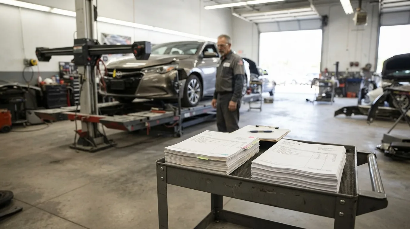 Stacks of printed repair estimates on a cart in a collision repair shop, with a technician and a sedan on a frame rack in the background