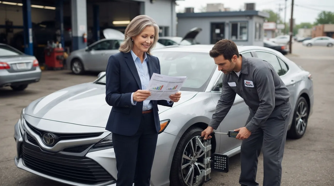 A vehicle owner reviews a printed repair plan while a technician sets up alignment and calibration equipment at the wheel of a silver sedan