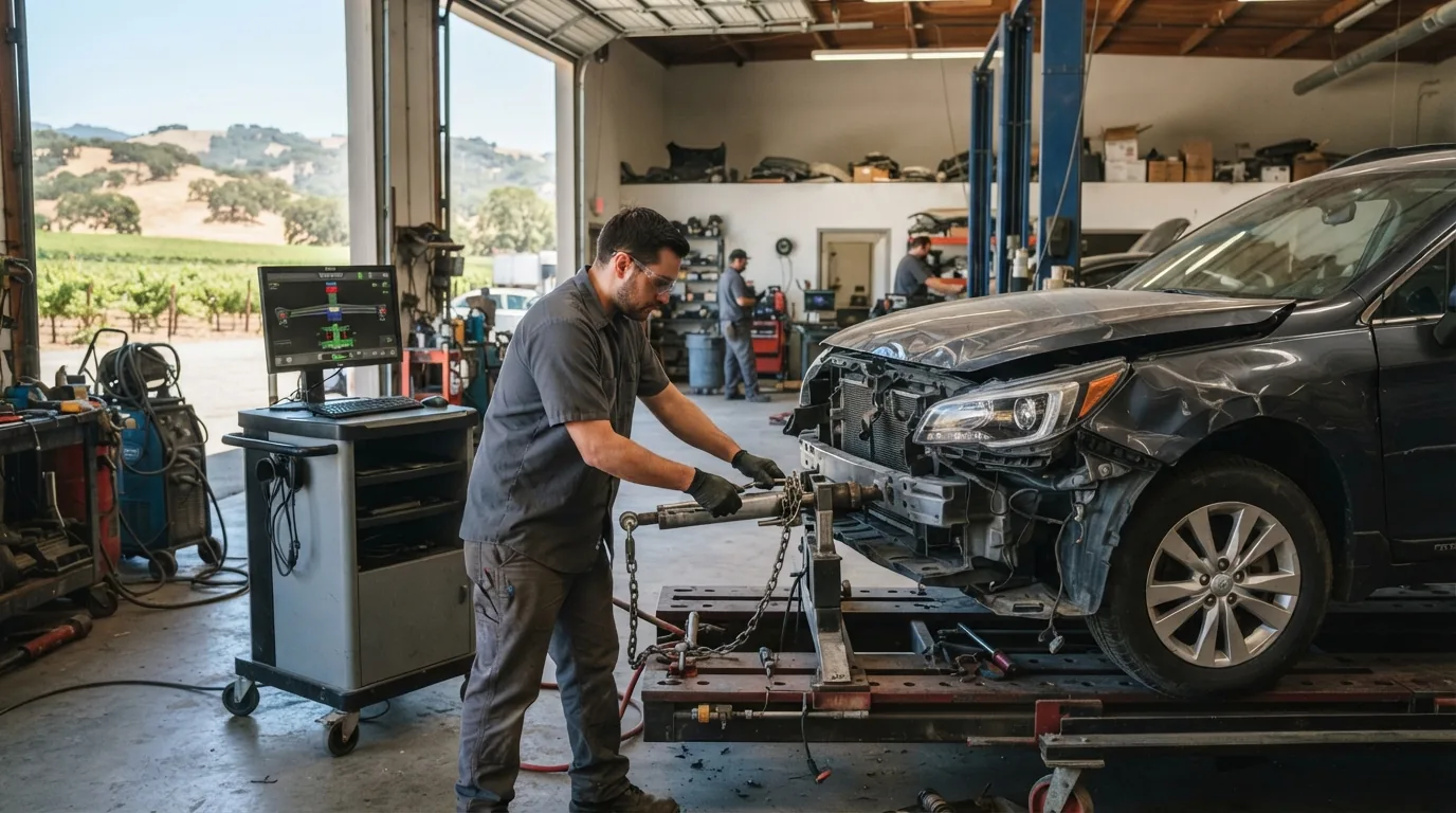 Technician using a frame straightening bench and computerized measuring system on a deer-damaged SUV at a Sonoma County collision repair shop