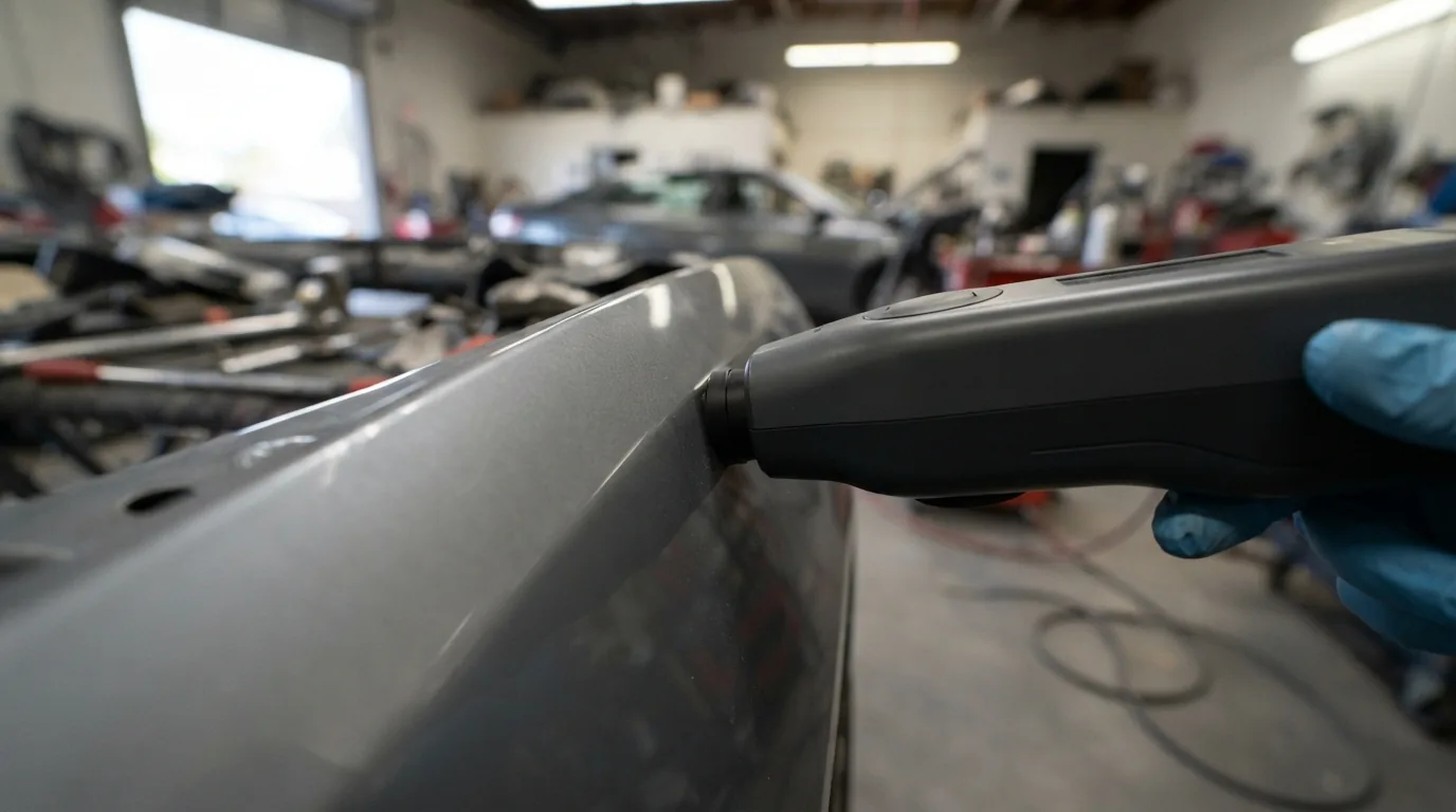 Technician checking paint film thickness on a repaired vehicle panel with a handheld paint meter