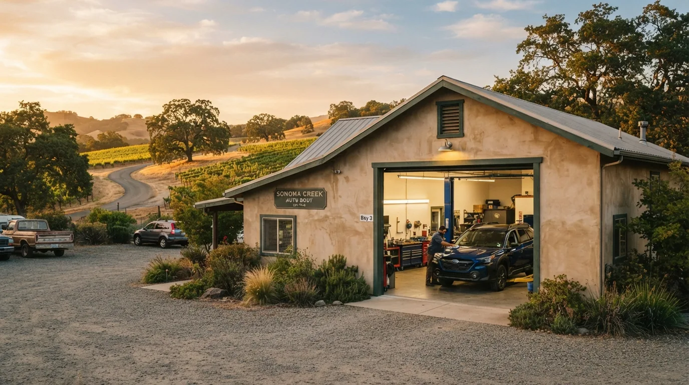 Auto body shop in the Sonoma County hills at sunset with a vehicle in the open repair bay