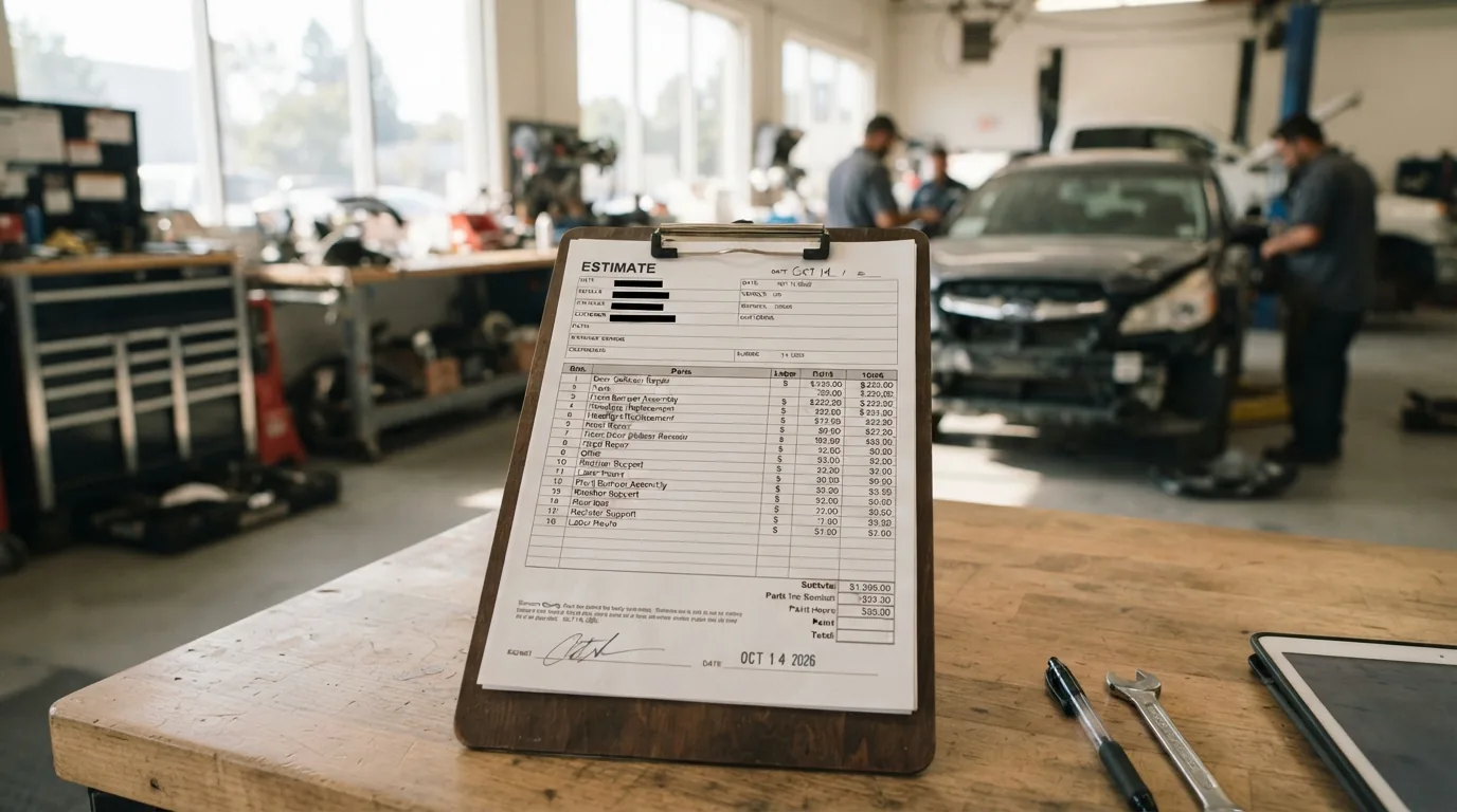 Written collision repair estimate on a clipboard, with a deer-damaged vehicle being inspected in the shop behind it