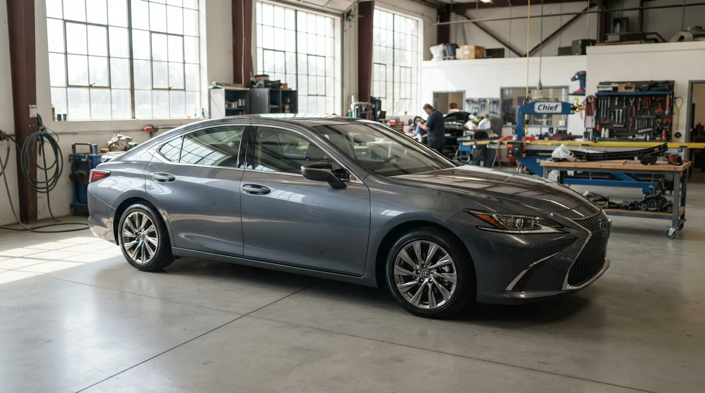 Finished gray Lexus sedan in a collision repair shop after completed body and paint work