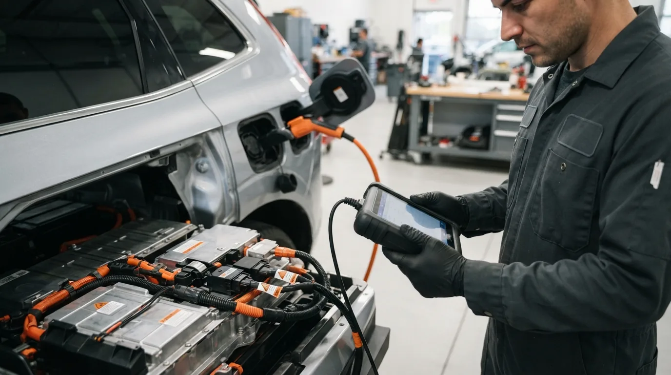 Technician checking an exposed electric vehicle high-voltage battery pack with a diagnostic scan tool