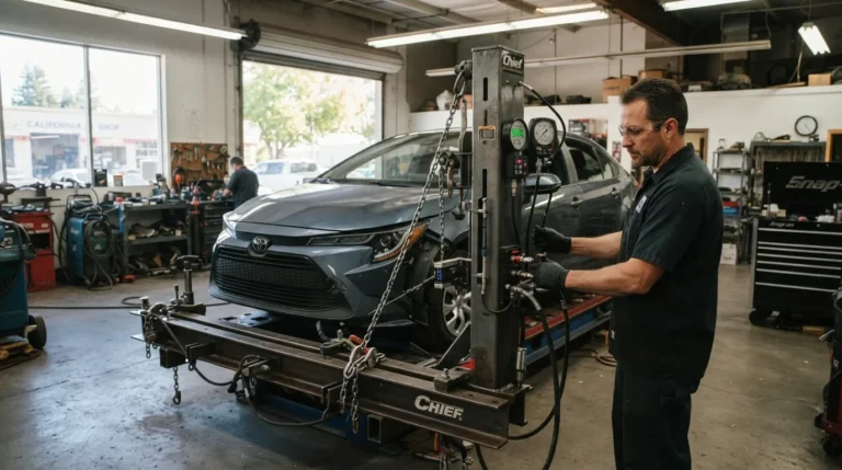Technician operating a Chief frame straightening tower on a Toyota sedan in a collision repair bay