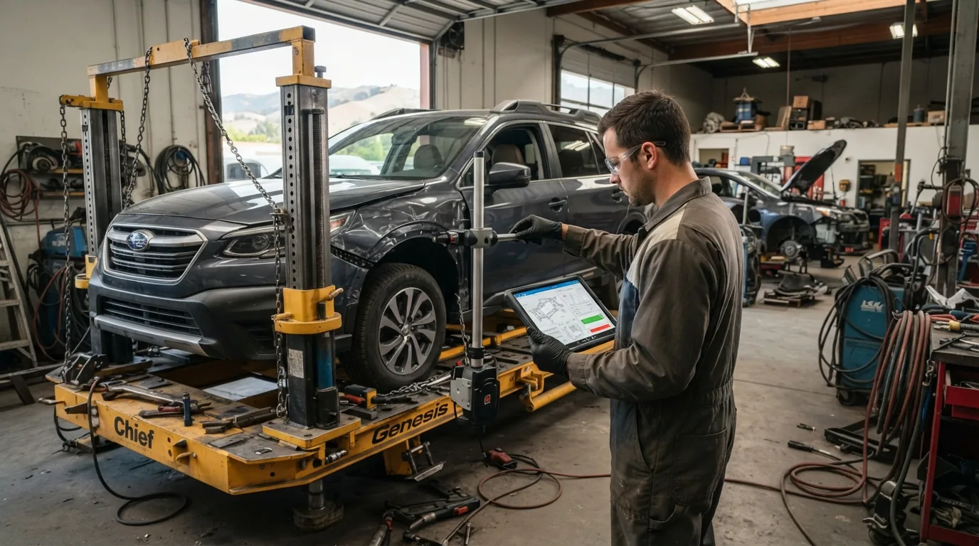 Technician measuring a damaged Subaru on a Chief frame rack with an electronic dimensioning readout