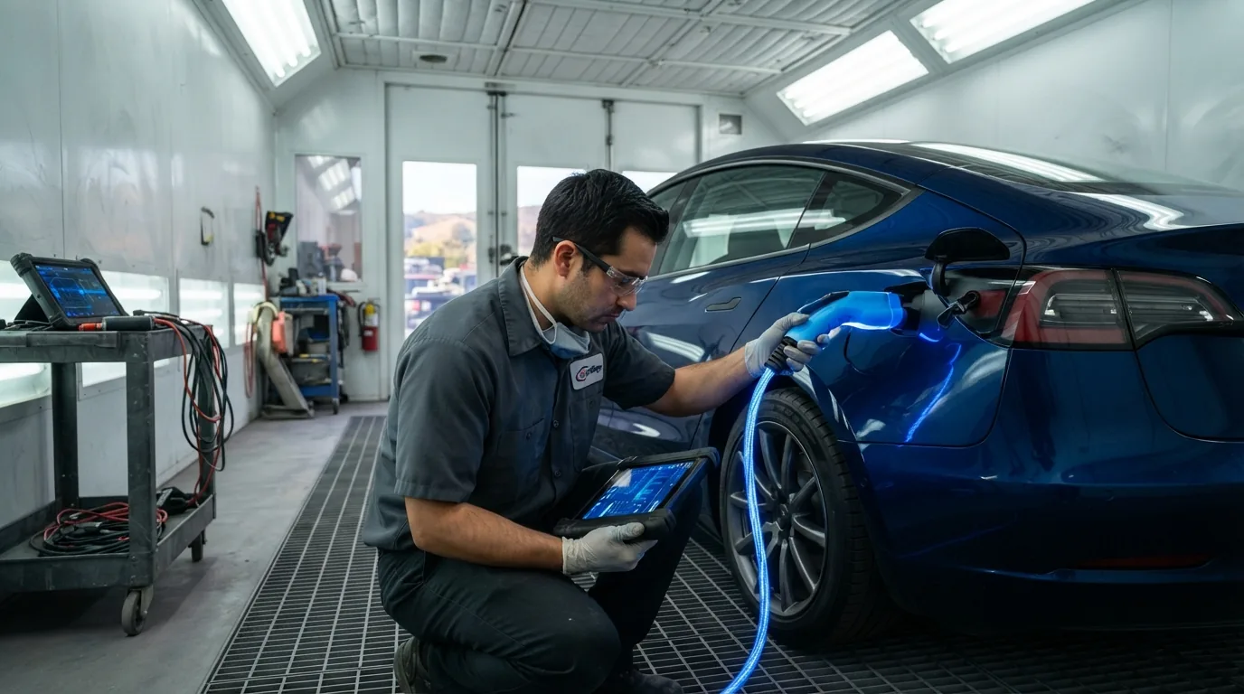 Technician performing a high-voltage diagnostic check on an electric vehicle inside a spray booth