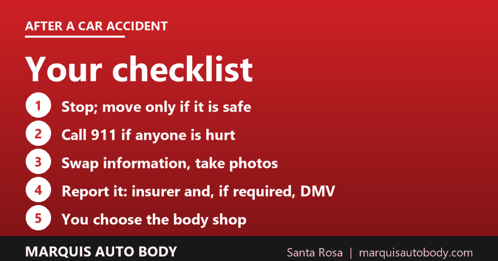 Five-step checklist for after a car accident: stop, call 911 if anyone is hurt, swap information and take photos, report it, and choose your own body shop