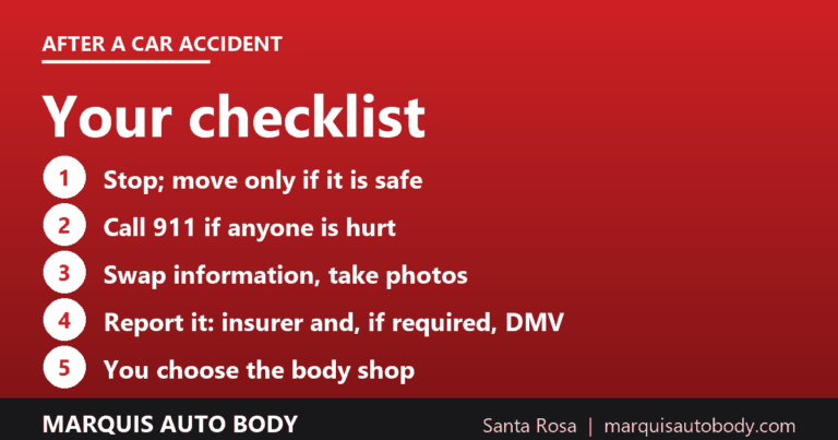 Five-step checklist for after a car accident: stop, call 911 if anyone is hurt, swap information and take photos, report it, and choose your own body shop